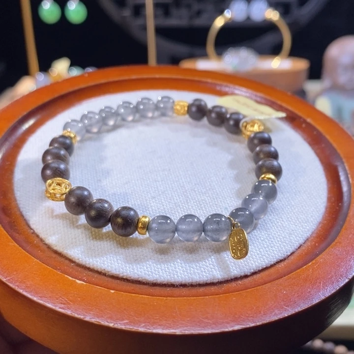 翡翠18K金镶嵌吊坠(不含链)翡翠黑杠手串