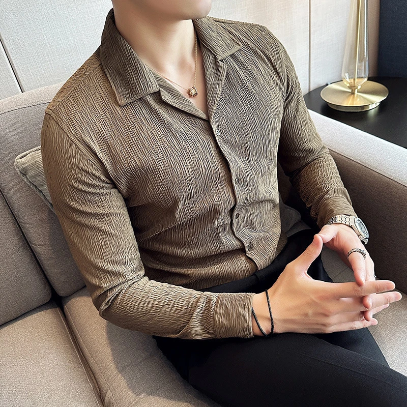 秋装外贸男士个性褶皱长袖衬衫坑条痞帅古巴领衬衣直播货源现货否