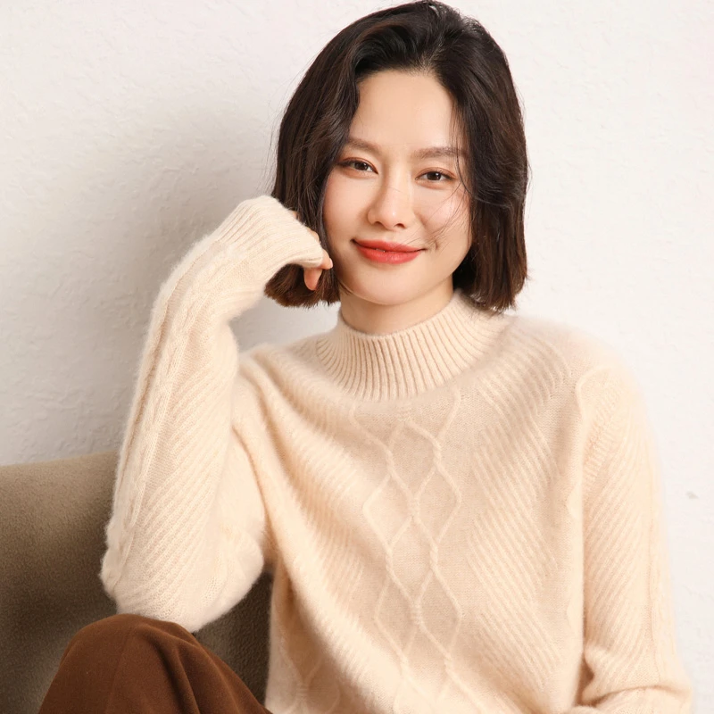 重磅加厚秋冬100%纯山羊绒衫女半高领宽松保暖休闲百搭针织打底衫