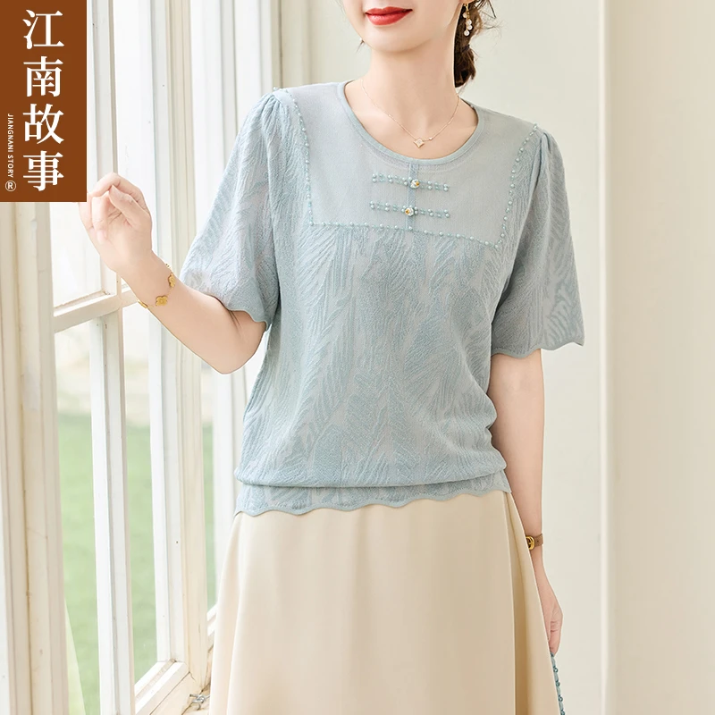 江南故事短袖圆领女夏季女装针织中年提花绣花国风宽松短T恤