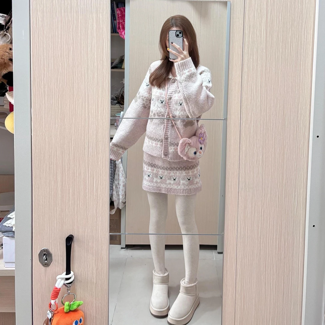 圣诞穿搭甜美毛衣连衣裙女冬季小香风冬装2025新款费尔岛短裙套装