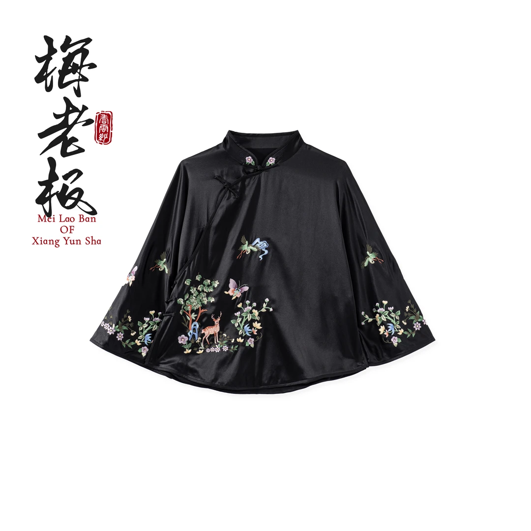 【鹤鹿同春】100桑蚕丝国风姐姐服新中式高级黑色刺绣斜襟上衣86629