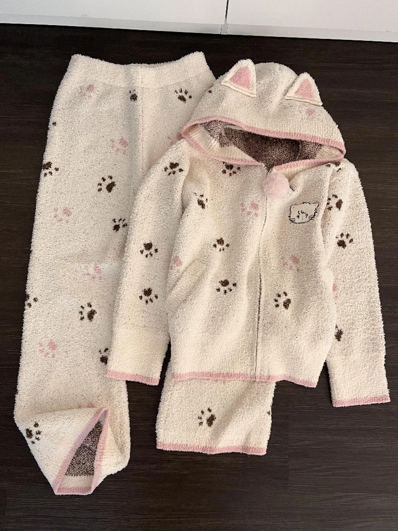 【DMXJ大梦想家】可爱猫耳朵爪印半边绒睡衣女秋冬款加厚家居服套装