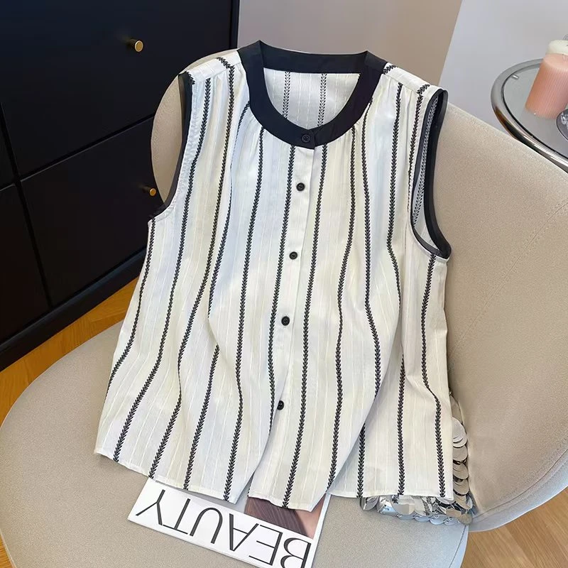 2025新款百搭条纹成人百搭宽松通勤衬衫夏季女士圆领无袖上衣薄款