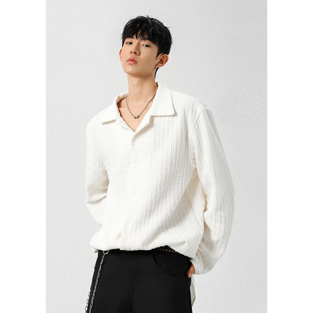 老钱风古巴领长袖衬衫男女秋季肌理感白色大码衬衣宽松polo衫外套