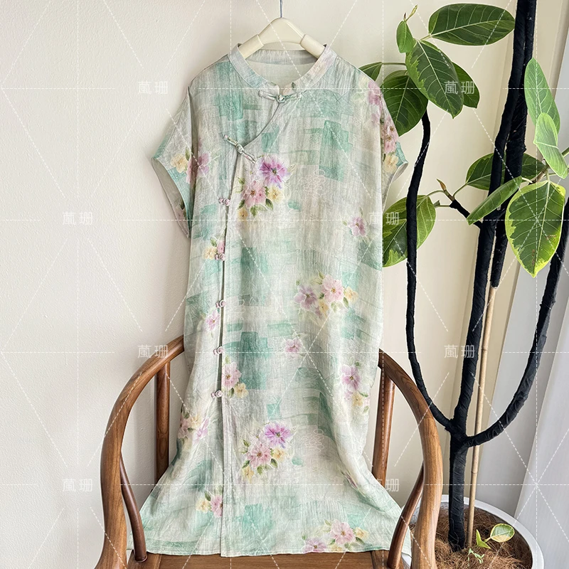 【茉香】夏季印花苎麻改良斜襟盘扣月亮袖连衣裙52484