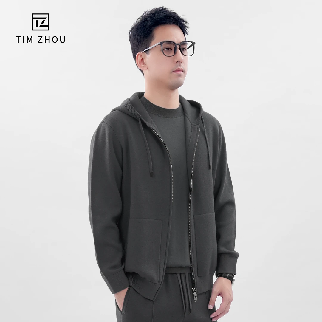 TIM ZHOU秋冬超细羊毛可机洗男士连帽拉链外套商务休闲