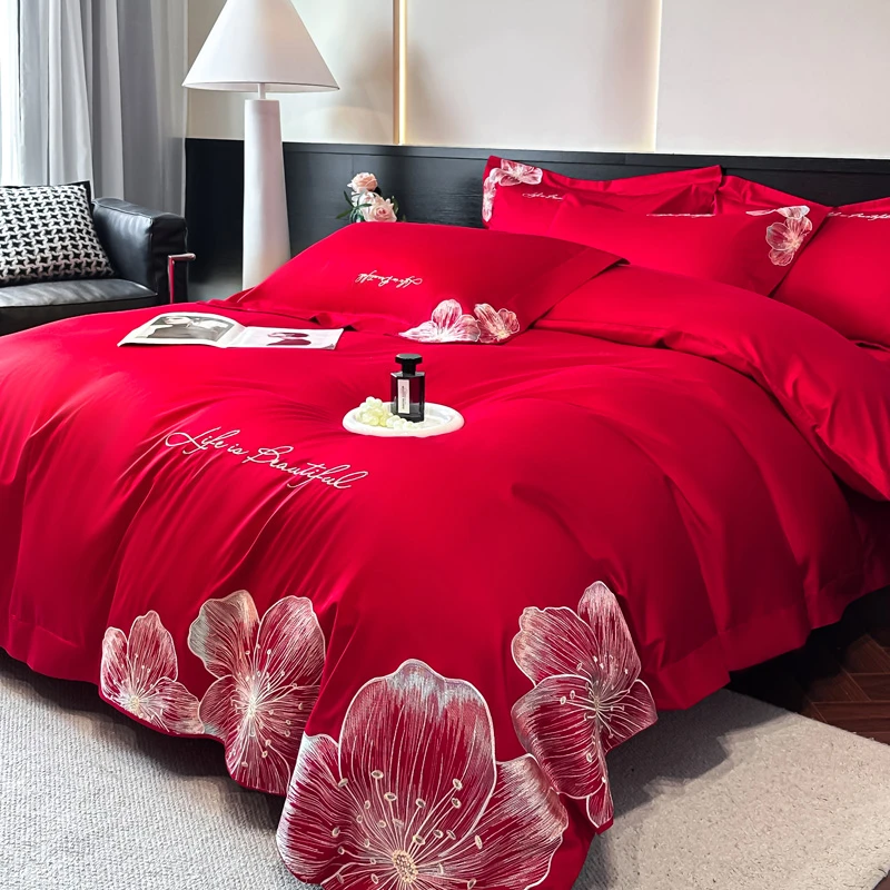 富安娜高端轻奢风长绒棉婚庆四件套全棉床单被套结婚陪嫁床上用品