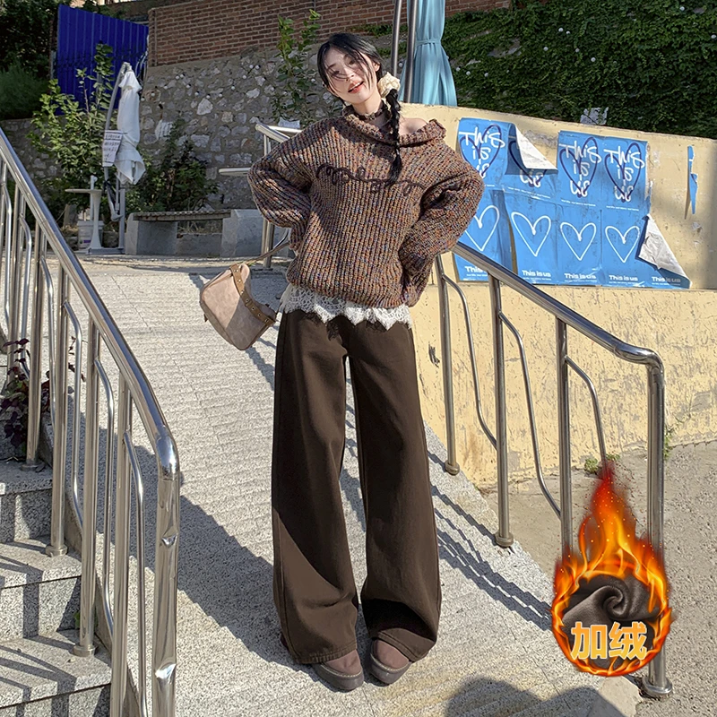 温姗加绒阔腿宽松显瘦秋冬牛仔裤直筒美拉德百搭高腰休闲