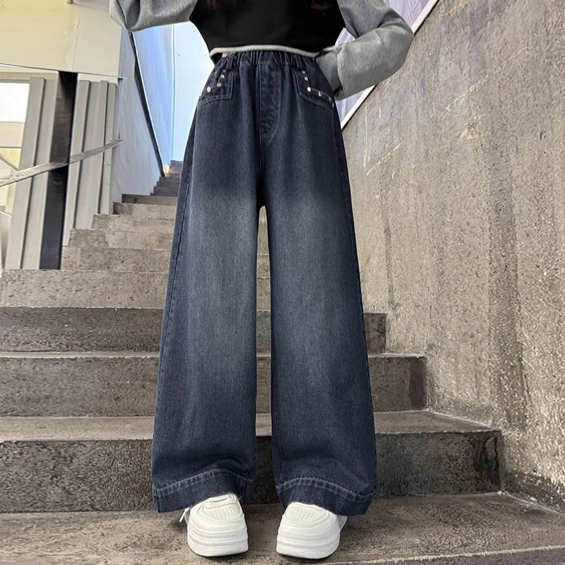 女童牛仔裤春秋款2025新款儿童裤子洋气秋季中大童阔腿裤女孩长裤