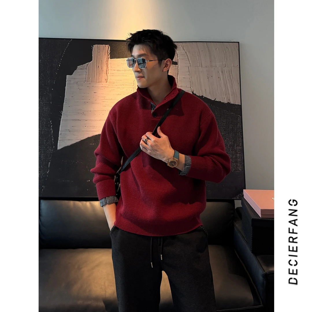 假两件格纹拼接高领毛衣男圣诞红本命年宽松保暖潮牌内搭上衣秋冬