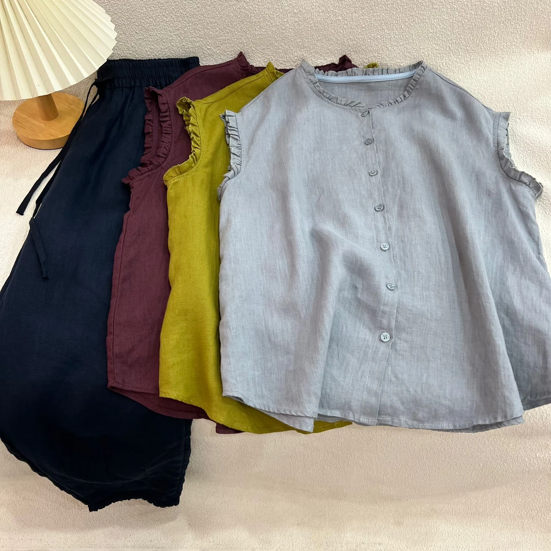 【初奢自制】夏季新款100纯亚麻纯色衬衫圆领上衣小众女装洋气