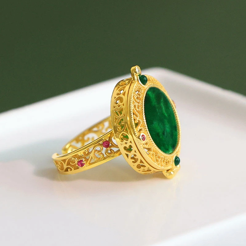 铜合金戒指 【古米】1/105圆面绿色可调节戒指古风时尚菠菜绿指环