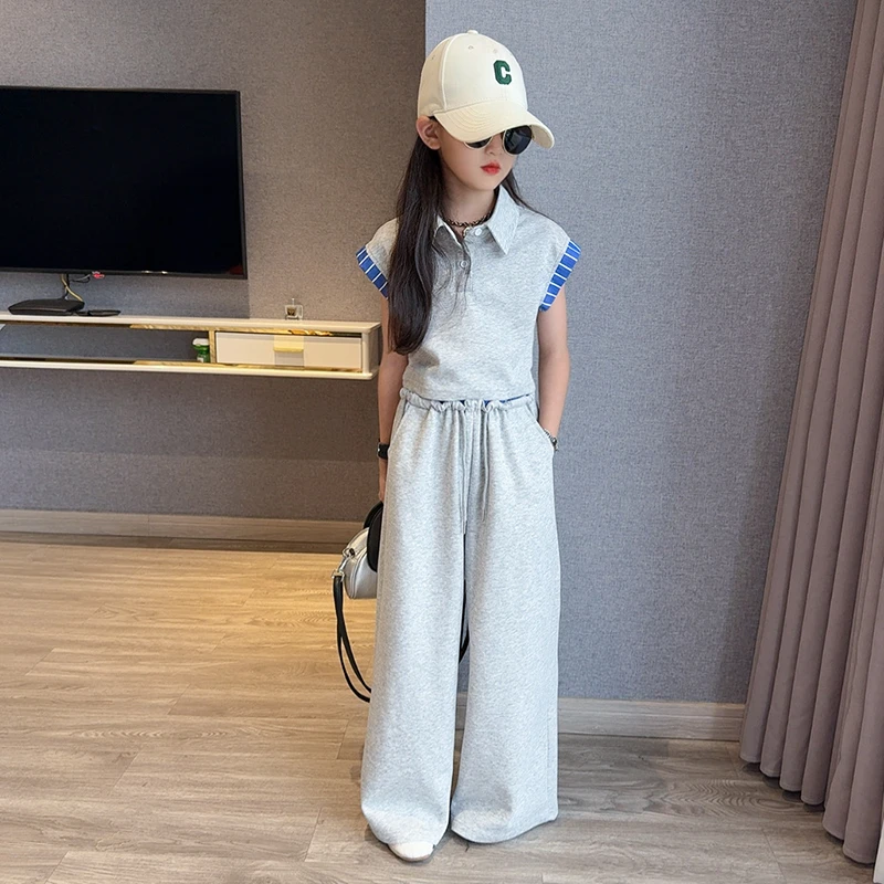 女童短袖套装夏装2025新款儿童洋气韩系大童直筒阔腿裤薄款两件套