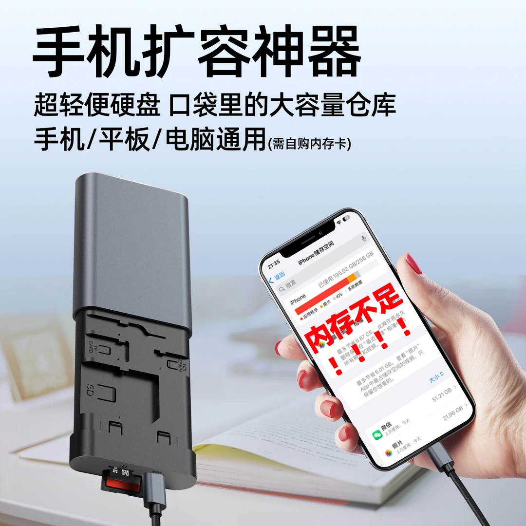 手机OTG读卡器65瓦快充线苹果转接头SD/TF/SIM卡储存充电线收纳盒