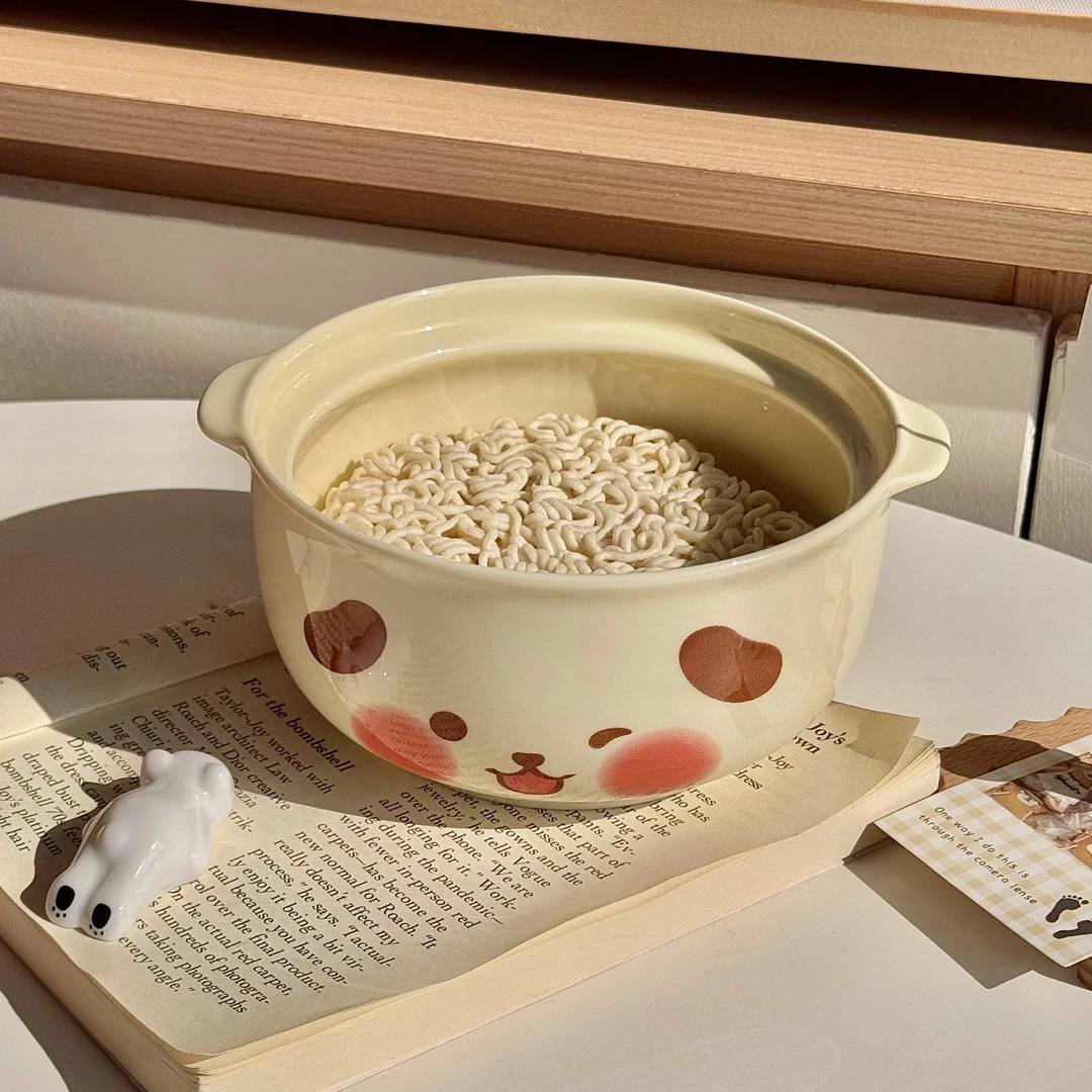 可爱少女心创意大号双耳日式陶瓷带盖汤碗饭盒家用碗筷餐碗高颜值