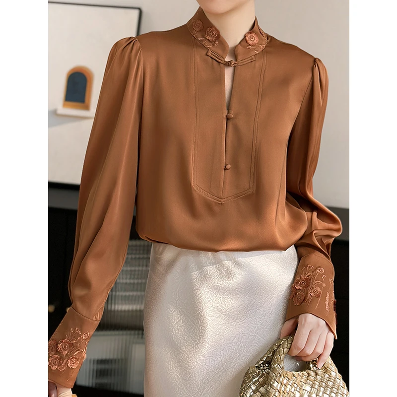 左左家 轻奢国风~中式盘扣立领刺绣重磅真丝衬衫女气质桑蚕丝上衣