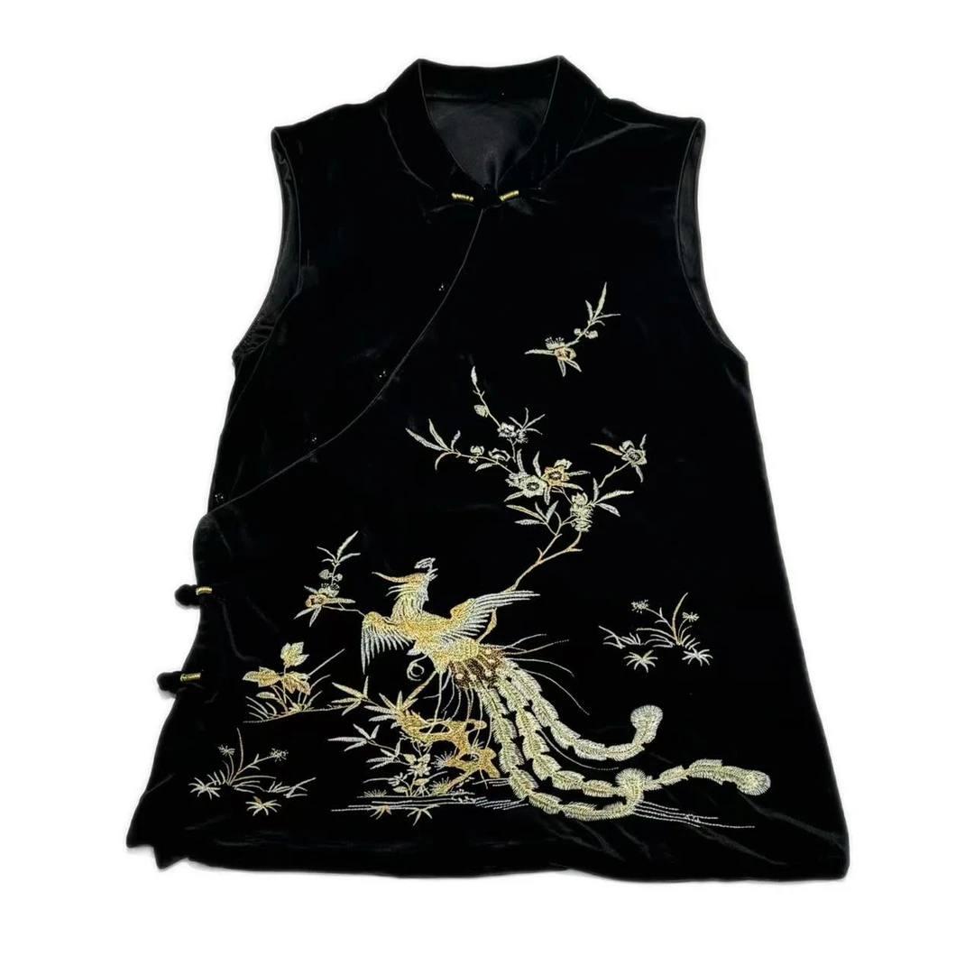 28003#夏季新中式《凤鸣朝阳》女士时尚气质百搭立领砍袖丝绒上衣