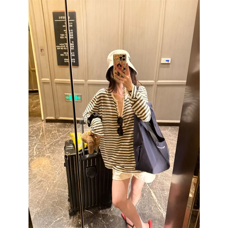 慵懒亨利领天丝亚麻垂感宽松显瘦条纹上衣早秋薄款长袖针织衫