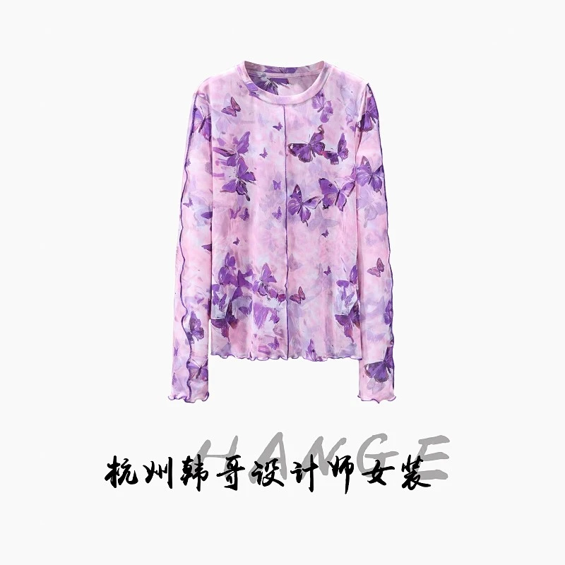 【韩哥女装】设计师高定系列款粉紫蝴蝶印花高弹亲肤欧版上衣7665