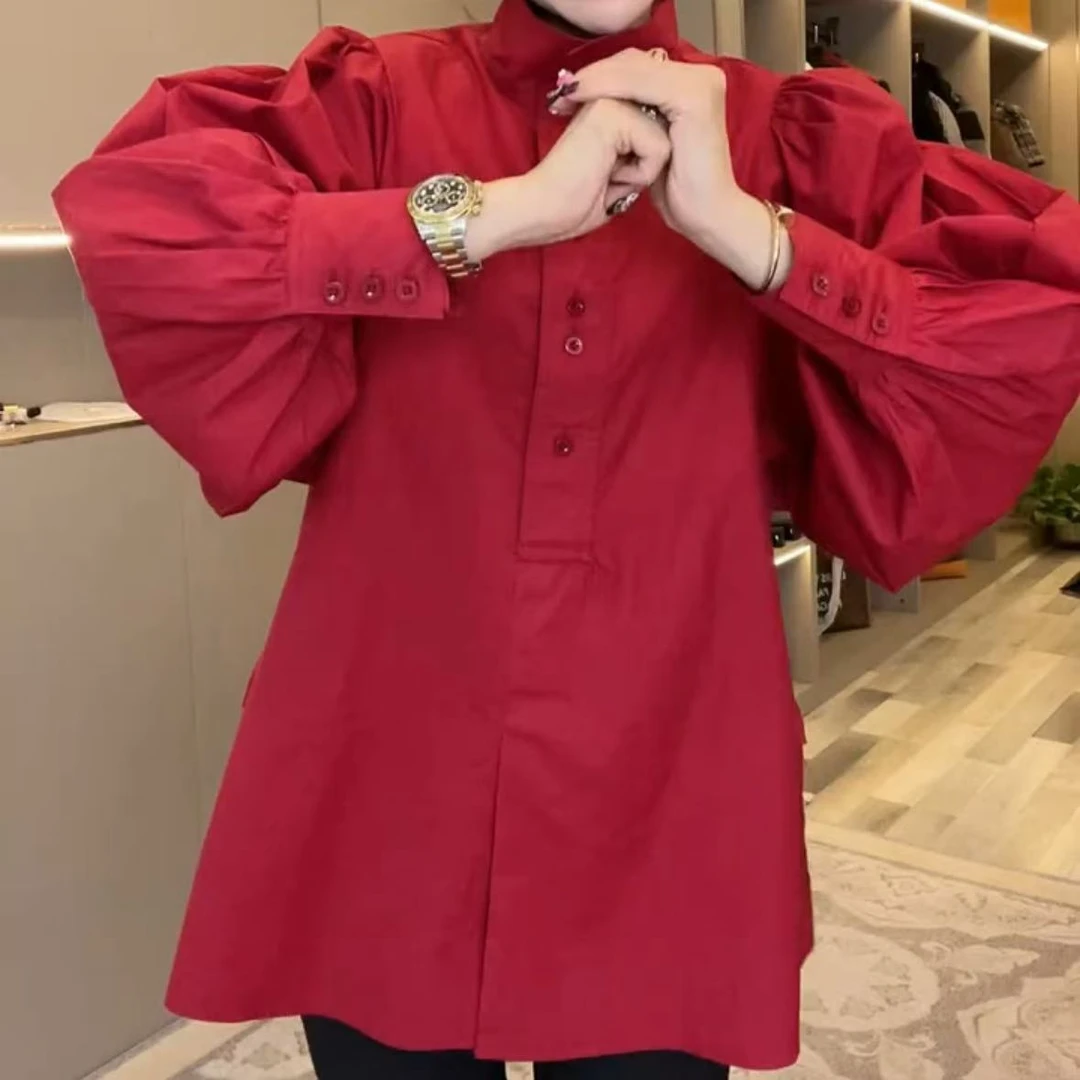新年款时尚衬衫女士立领显瘦气质衬衣长袖休闲百搭红色宽松上衣潮
