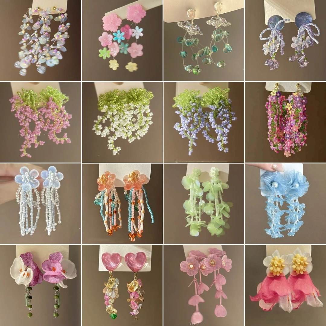 合金耳饰 满园春色~手工串珠长款流苏耳环女新款耳钉小众森系耳饰