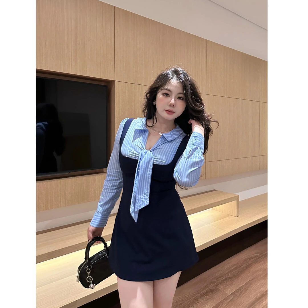 【大小姐】现货“智性轮廓”格纹蝴蝶结假两件气质显瘦时尚收腰连衣裙