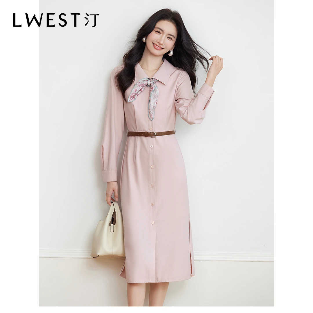 【备用链接】朗文斯汀法式优雅翻领开叉粉色连衣裙DTYL5112D07035