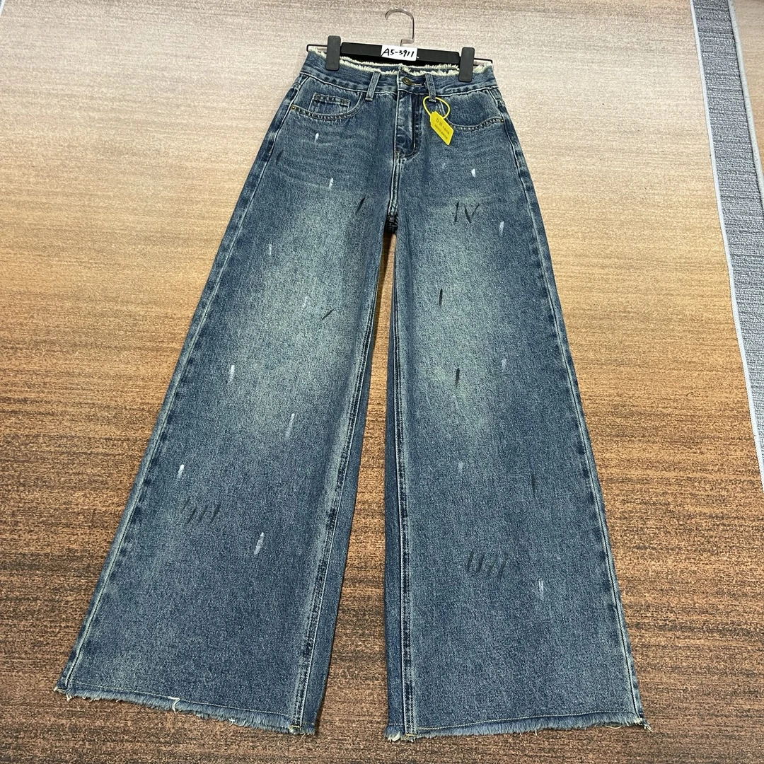 A5-3911 牛仔蓝美式小众设计毛边阔腿裤 无弹软牛仔（不换退）