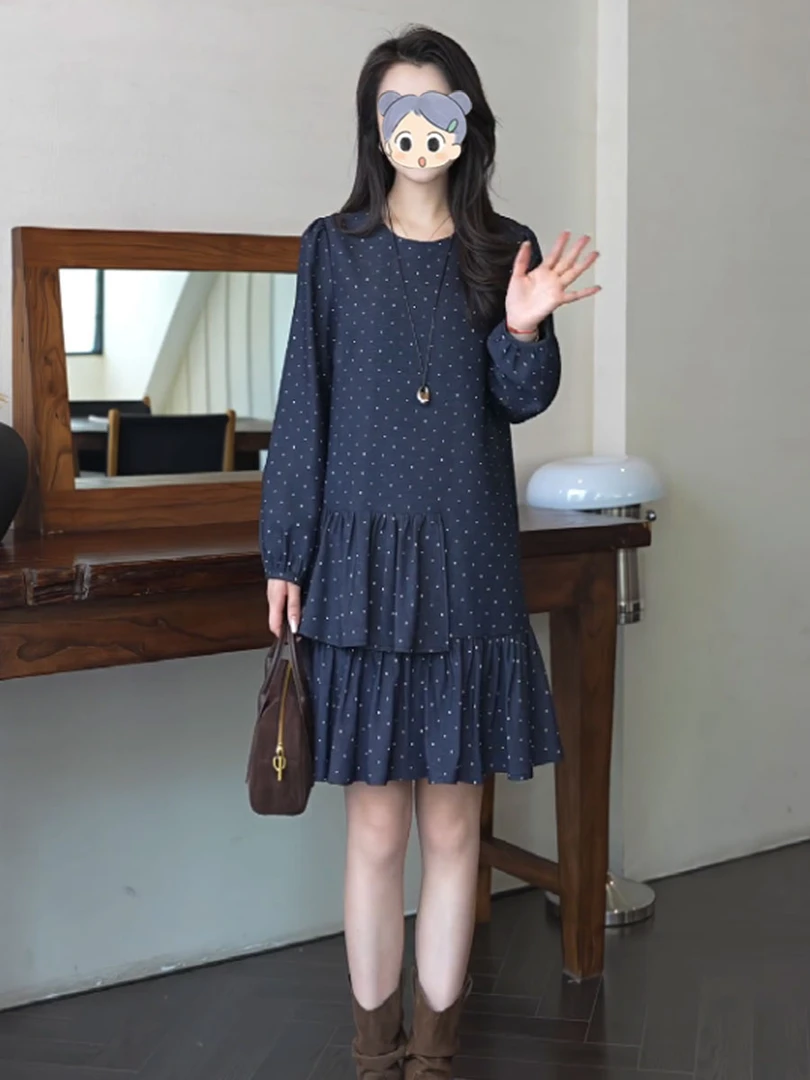 设计感时尚拼接波点连衣裙女2025年早秋新款宽松遮肚长袖气质裙子