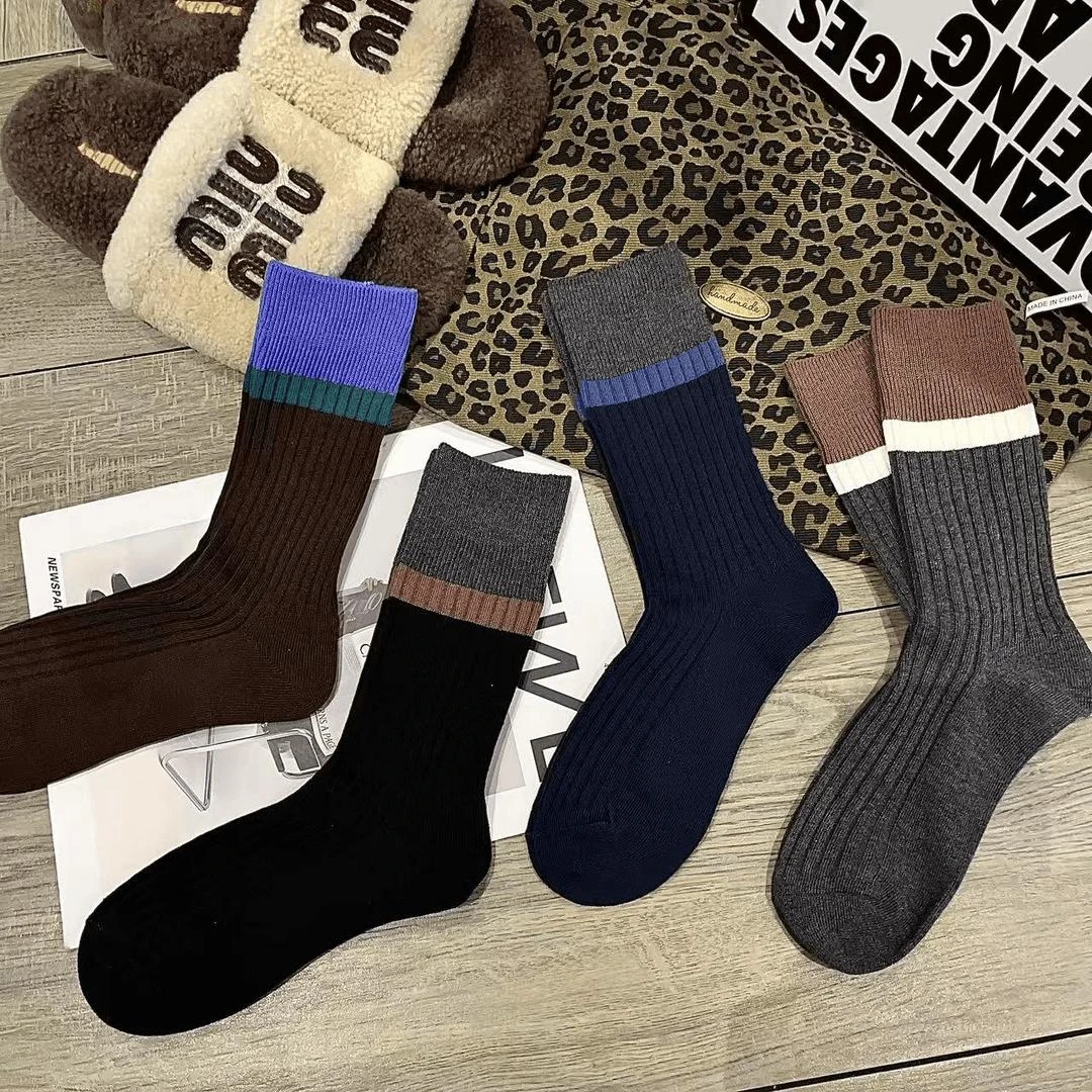 4双装秋冬季女袜子韩系长筒堆堆袜日系复古撞色条纹中筒袜韩版