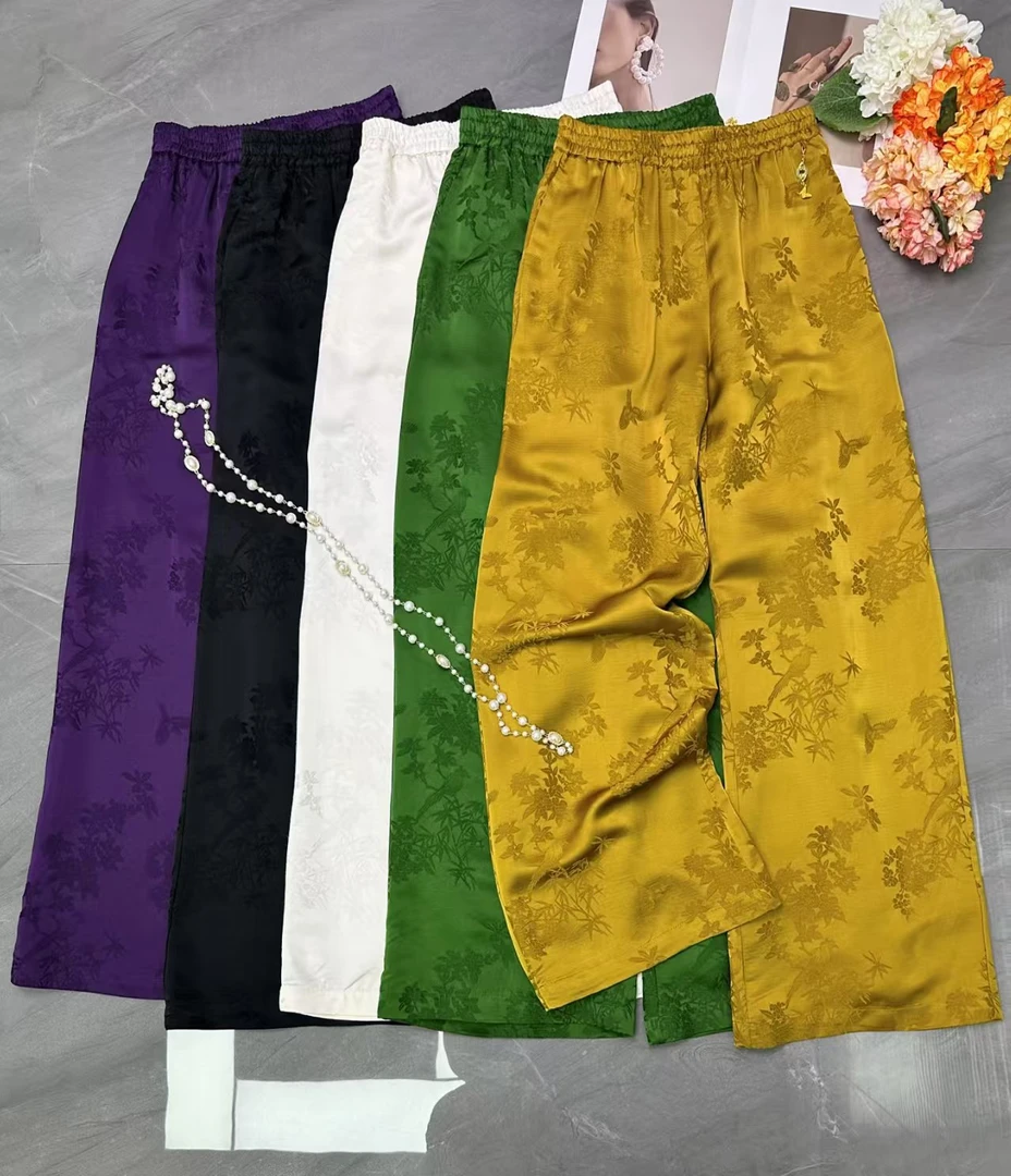 【提花裤】新中式缎面提花高腰垂感阔腿裤女春夏长裤