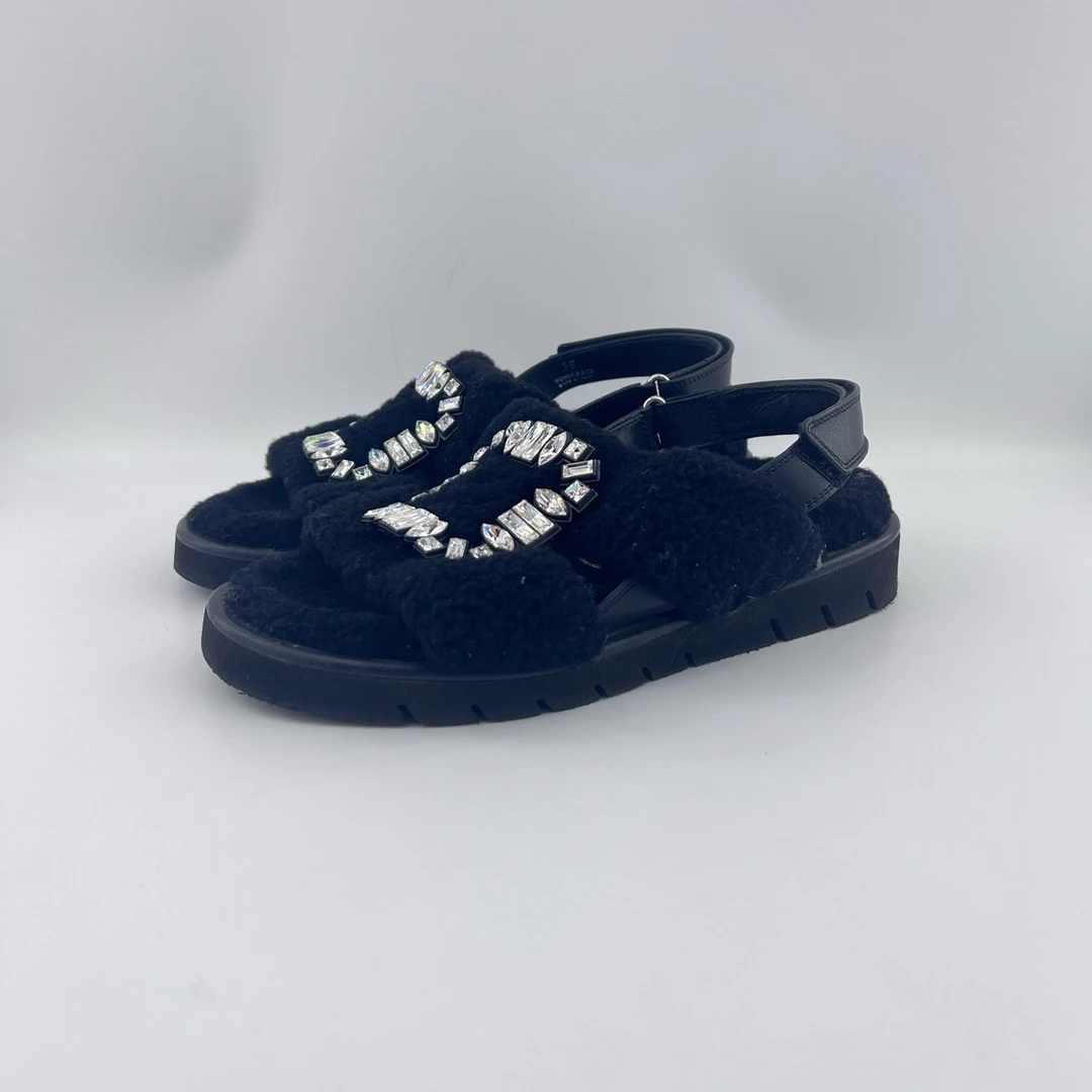 90新 Roger Vivier/罗杰·维威耶 36码/方扣钻织物凉鞋/12587991