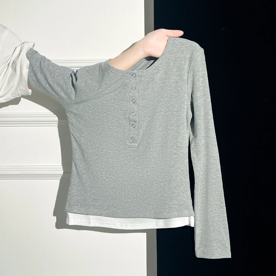 假两件双层领拼接撞色长袖T恤女2025秋季新款修身修身正肩上衣ins