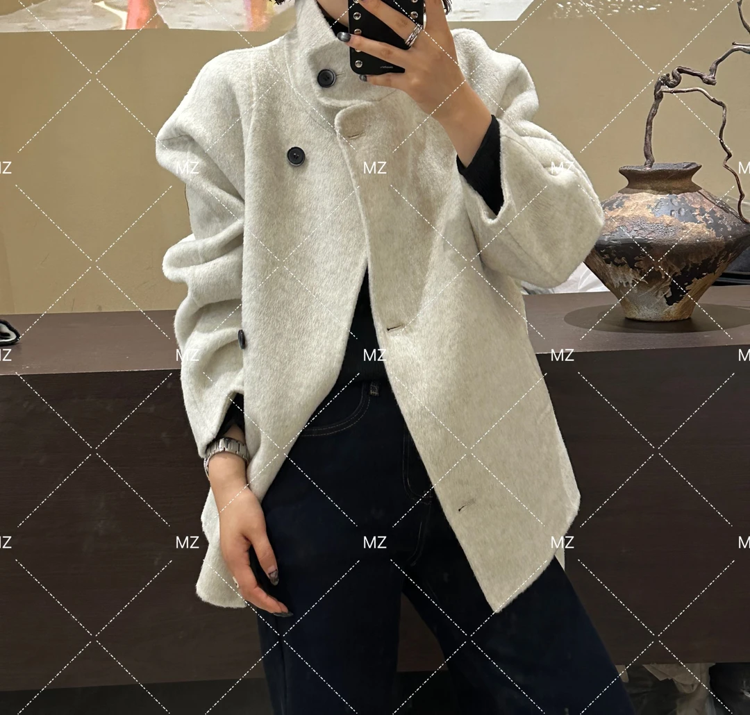 【格子家】秋冬气质短款系腰绵羊毛风衣外套B432