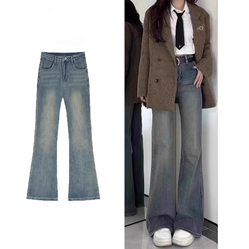 复古蓝微喇牛仔裤女春季新款胖妹妹mm高腰显瘦梨形身材弹力喇叭裤