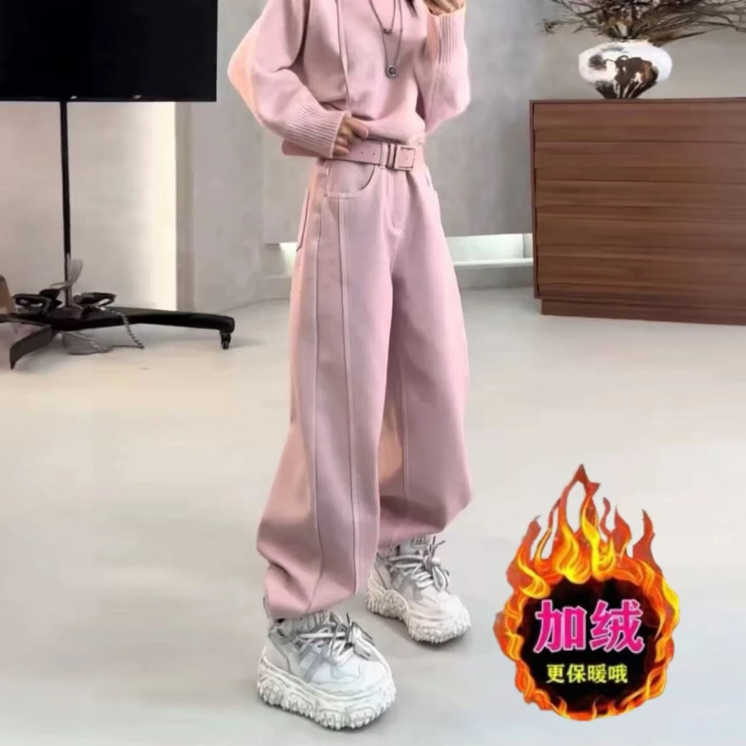 冬季加绒加厚粉色多巴胺阔腿牛仔裤女大码胖mm高腰宽松显瘦弯刀裤
