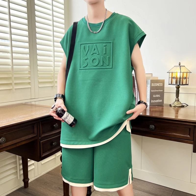 2025夏季新款无袖T男青少年休闲运动套装薄款潮流背心短裤两件套