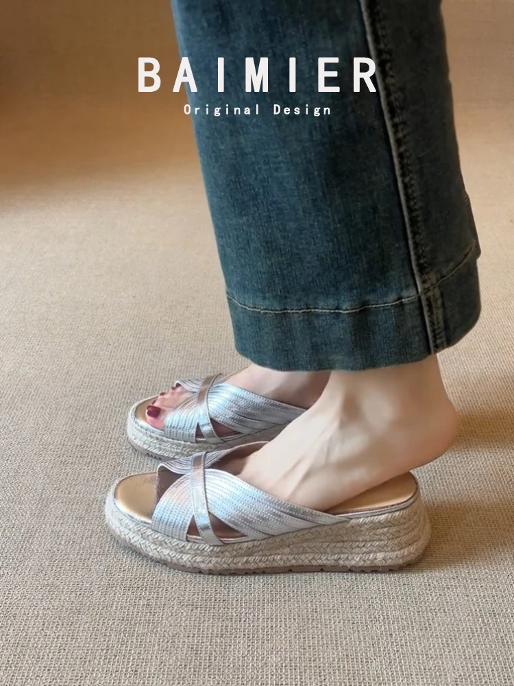 羊皮小个子厚底增高拖鞋女夏外穿露趾高跟凉鞋女草编坡跟渔夫凉拖