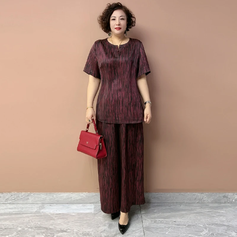 H夏季新款桑蚕丝高档中老年两件套宽松大码奶奶短袖上衣+阔腿裤