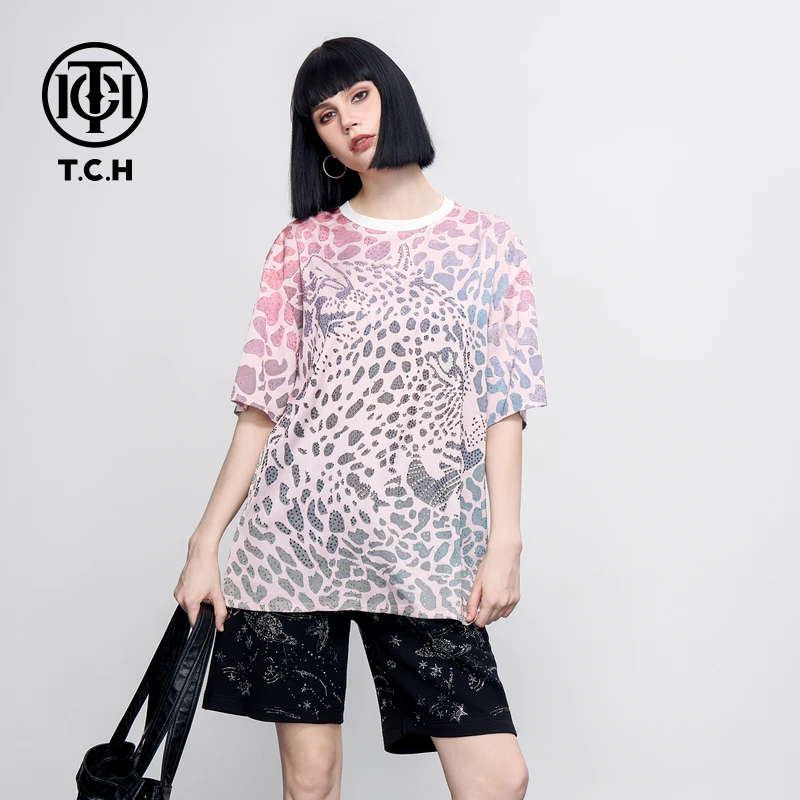 TCH野性豹纹烫钻夏季新款半袖个性圆领设计感短袖T恤T75B106156
