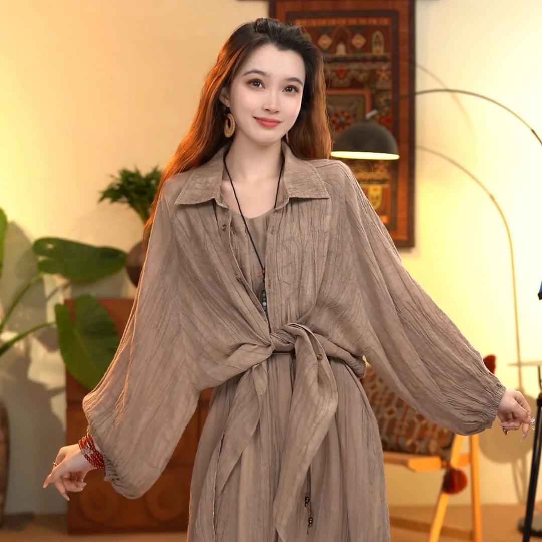 顾玖儿时尚复古百搭咖色衬衫外披#H1599