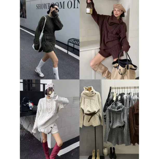 AWY（1dle8050#）三件套！厚厚有毛感毛衣+短裤+围脖套装10-18