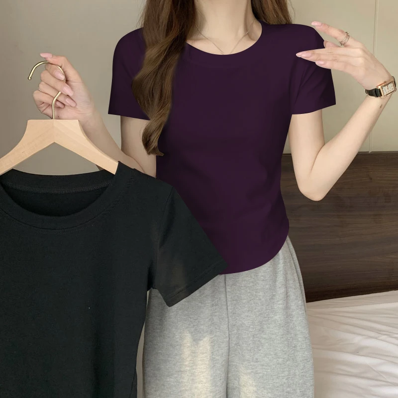 【葡萄紫】正肩弧形2025常规短袖显瘦圆领透气修身极简风insT恤上衣