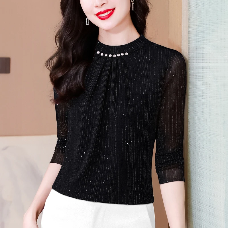 黑色网纱打底衫女内搭秋季2025新款亮丝烫钻小衫女装多巴胺服装女