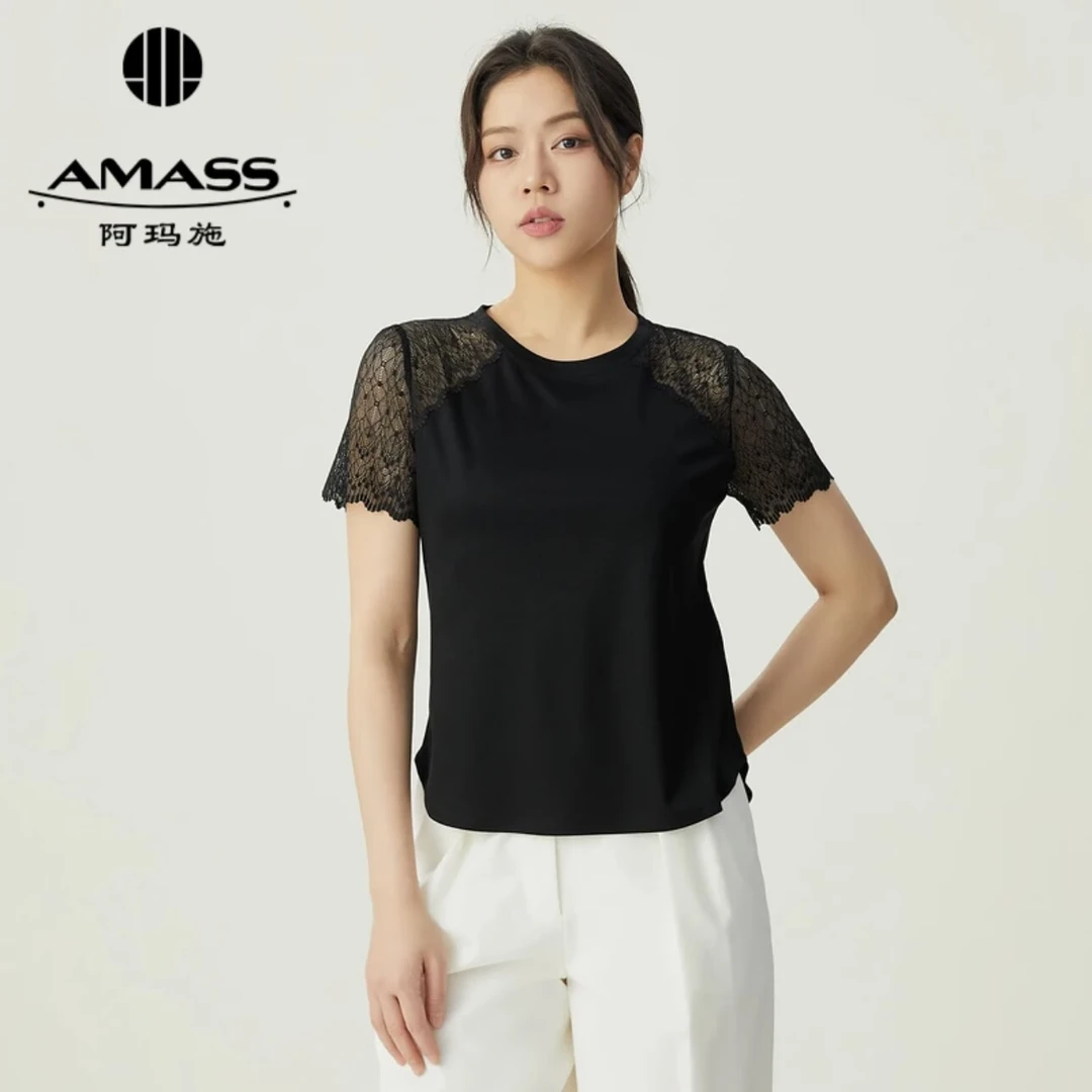 AMASS/阿玛施新款女装质感百搭极简风蕾丝薄款短袖圆领T恤5301053