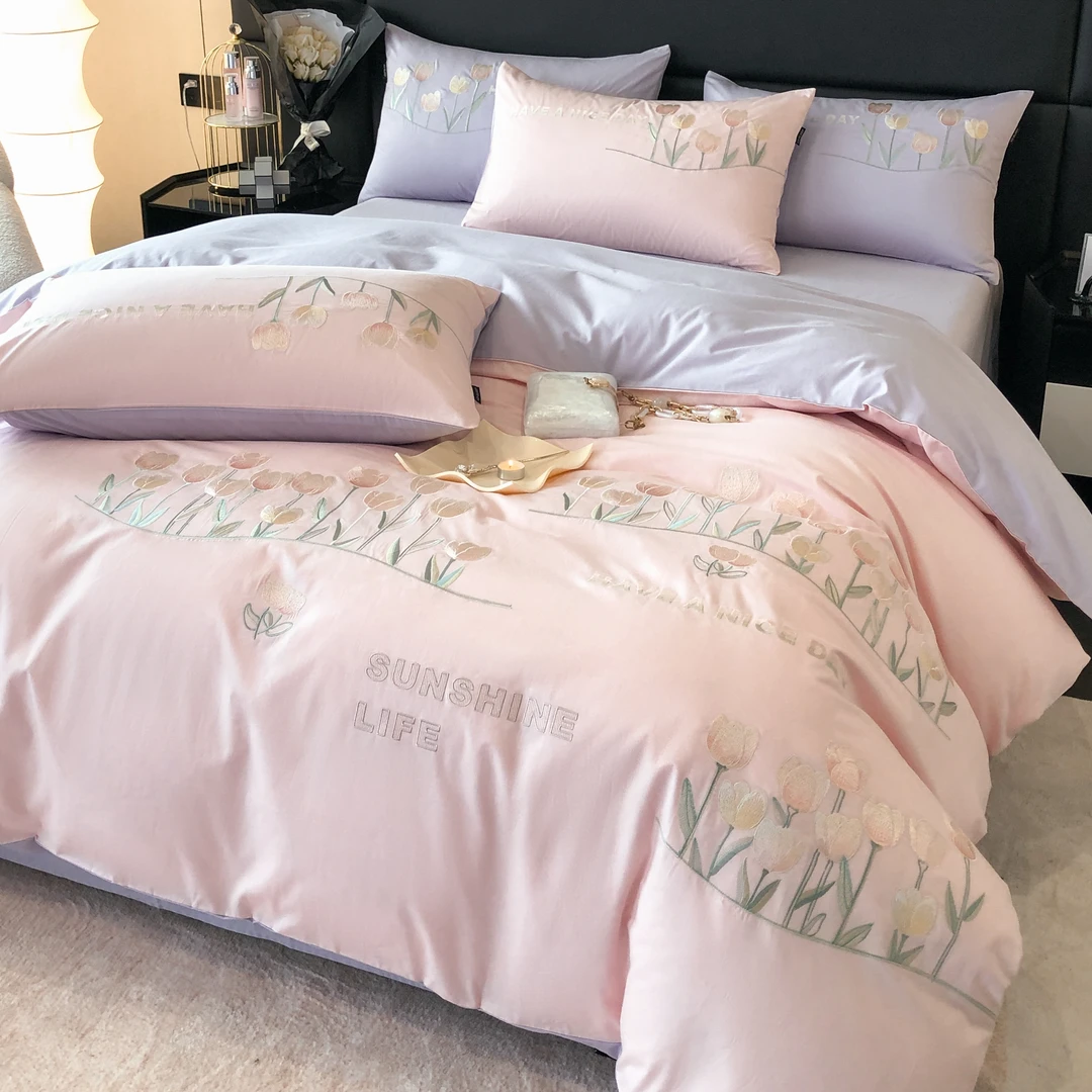 374床上四件套全棉纯棉床单被套被罩床上用品郁金香花园 粉