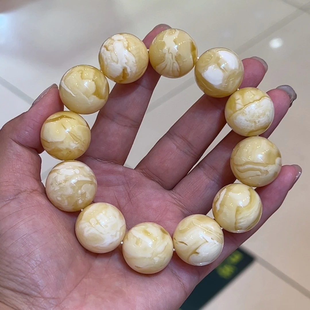 手链琥珀未镶嵌乐*20➕浓蜡白花圆珠手串
