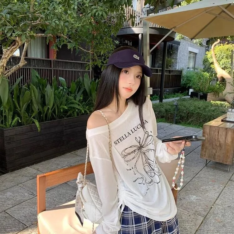 2025韩系常规款长款透气印花长袖T恤网红针织极简风法式显瘦百搭