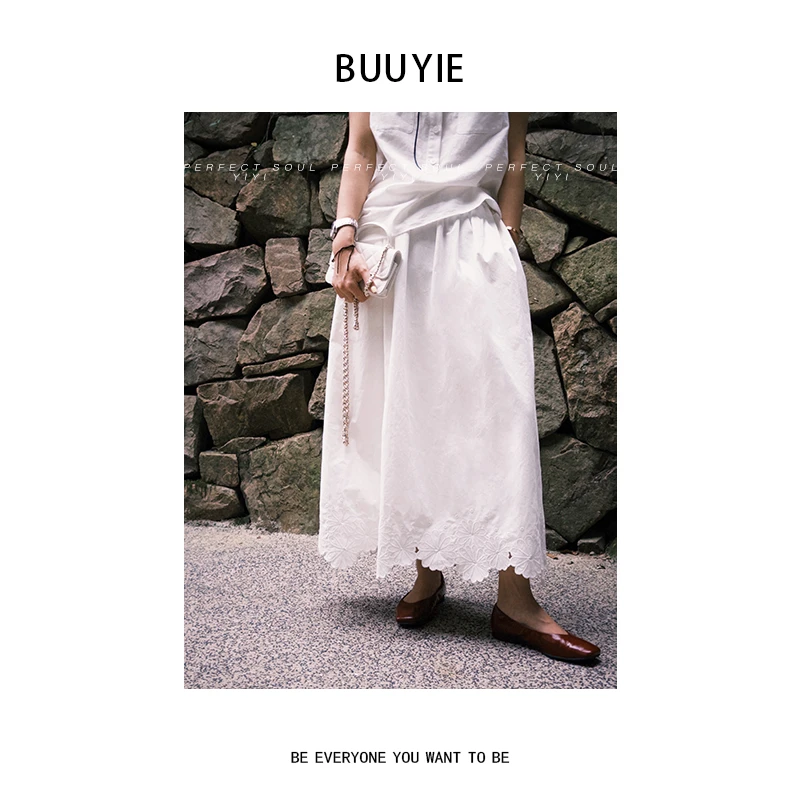 BUUYIE 25SS【瓷梦】极简风新款百搭松紧腰本白半身裙 250482